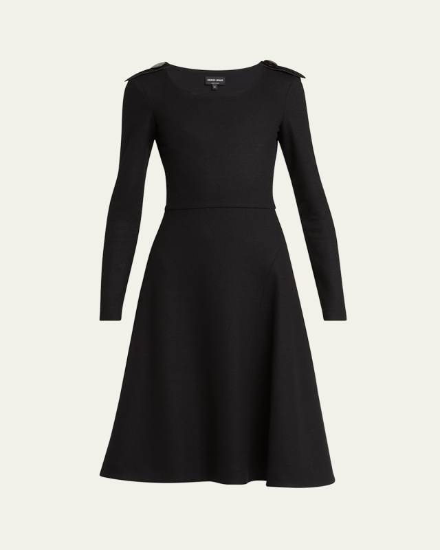 Shoulder-Epaulet Long-Sleeve Jersey Wool Midi Dress